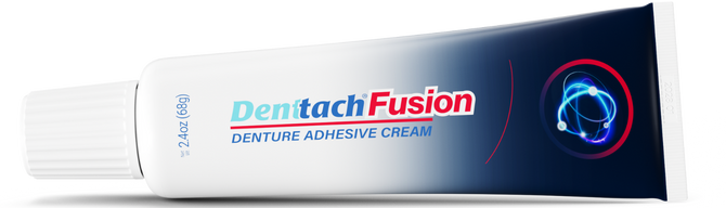 Dentitech Fusion denture adhesive cream tube on a white background